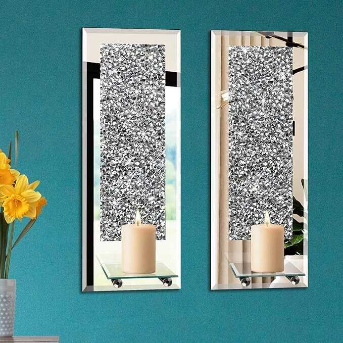 Phore Wall Candle Sconces Set of 2 Crystal Crush Diamond Mirrored Candle Holder Wall Decorations for Living Room, Dining Room, Bedroom & Bathroom