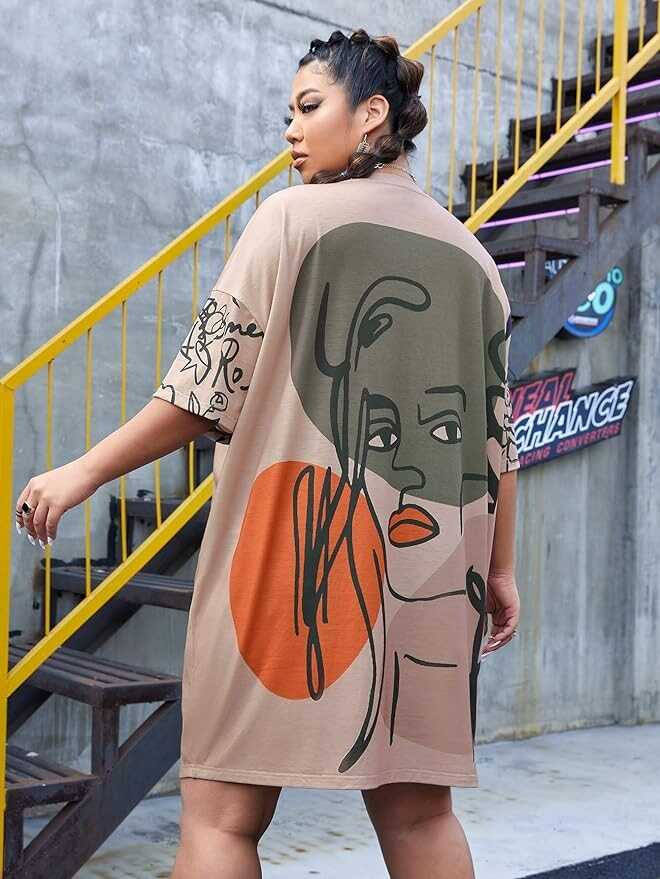 SOLY HUX Women's Plus Size Graphic Print Half Sleeve Loose T Shirt Dress