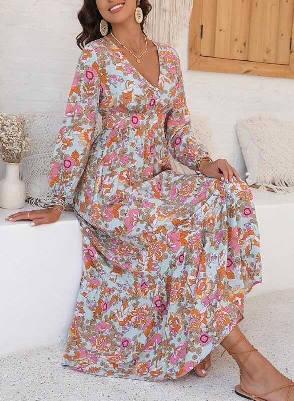 Dokotoo Women's 2024 Boho Maxi Dress Casual Long Puff Sleeve V Neck Ruffle A Line Flowy Casual Beach Dresses