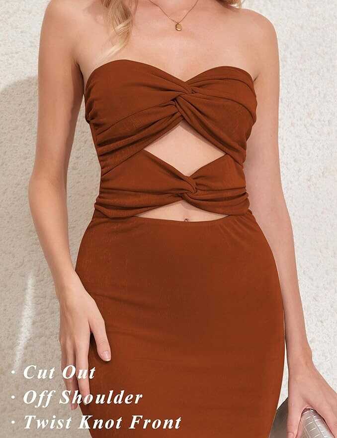 ZAFUL Women's Midi Dresses Off Shoulder Bodycon Twist Knot Front Cut Out Sleeveless Party Club Night Out Bandeau Tube Dress