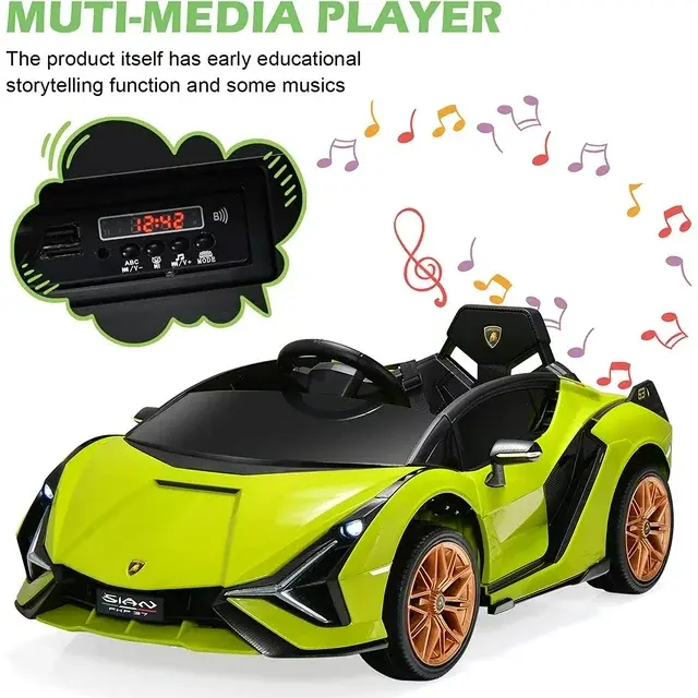 OLAKIDS 12V Licensed Lamborghini Sian Kids Ride On Car with Parent Remote Control, Spring Suspension, MP3 Player, Electric Toy Roadster Carbon Fiber Textured for Toddler (Green)