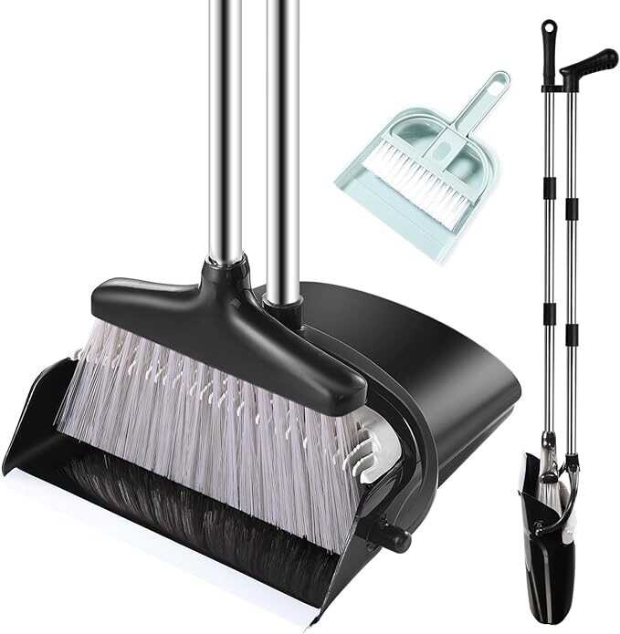Broom and Dustpan Set with Long Handle, Windproof Stand Up Dustpan with Broom Combo for Home Kitchen Room Office Lobby Floor Use (Black&Grey, 45.3IN)