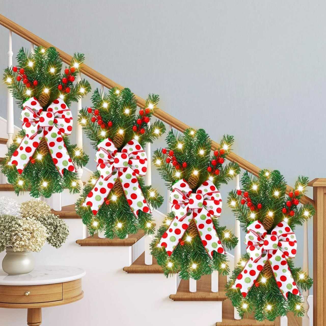 4 Pc Christmas Wreath LightUp Staircase Prelit Stairway Garland Door Wall Window