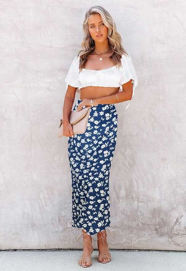 HERBATOMIA Women’s Floral Print Midi Skirt Casual High Elastic Waist Zipper Vintage Long Boho Skirts for Women