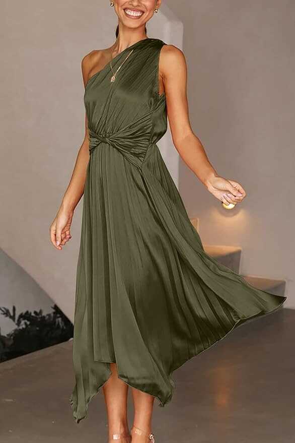 PRETTYGARDEN Women's Summer Long Satin Dress One Shoulder Sleeveless Ruched Twist Flowy Maxi Dresses