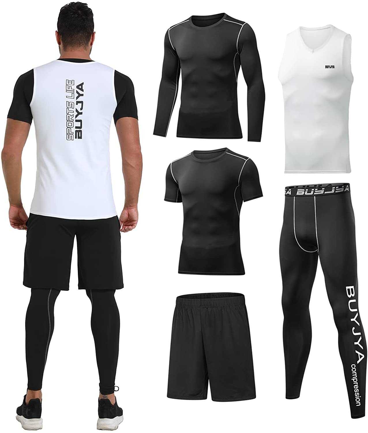 BUYJYA 5Pcs Men's Compression Pants Shirt Top Long Sleeve Jacket Athletic Sets G