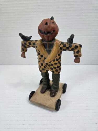Bethany Lowe Pumpkin Head Jack O Lantern Scarecrow On Wheels Figurine Halloween