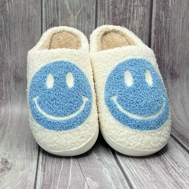 Smiley Face Slippers (Unisex), Slip Resistant, Slide-On House Shoes, Blue (US Womens 9 / Mens 7.5)