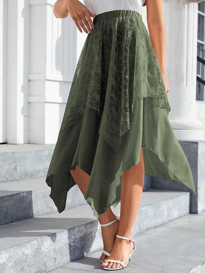 Verdusa Women's Lace Overlay Elastic Waist Asymmetrical High Low A Line Long Skirt