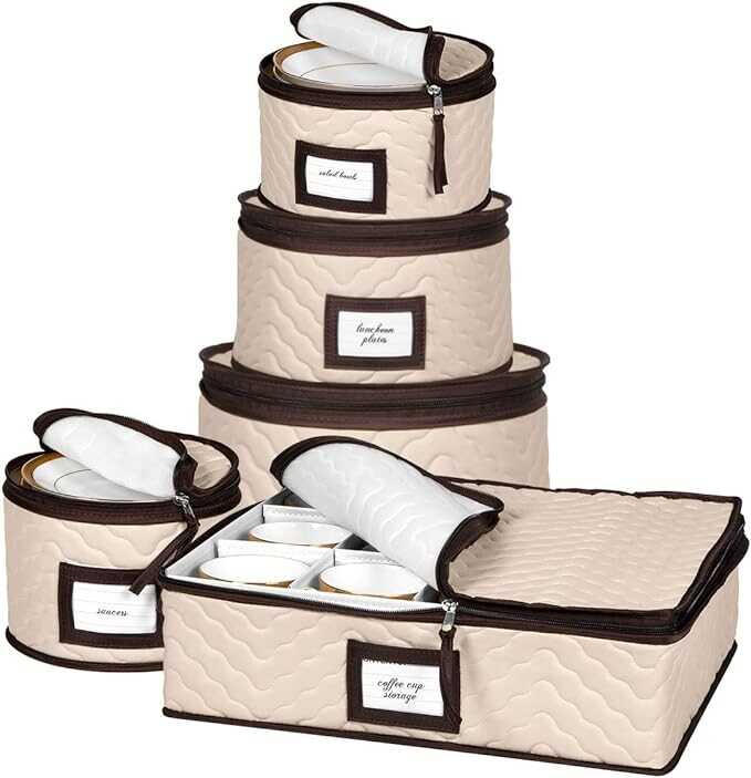 China Storage Containers 5-Piece Set Moving Boxes for Dinnerware, Glasses, Plates, Mugs and Saucers Sturdy Quilted Microfiber Dish Organizer with Dividers for Seasonal Storage - Holds Set of 12