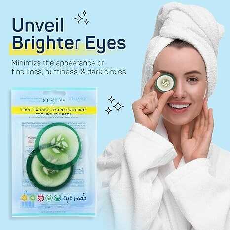 SpaLife Cooling Eye Pads - Korean Soothing Eye Pads for Dark Circles, Puffy Eyes, and Wrinkles - 48 Pads with Fruit + Vegetable Extracts - Revitalizing Hydrating Eye Pads for Eye Treatment (Cucumber)