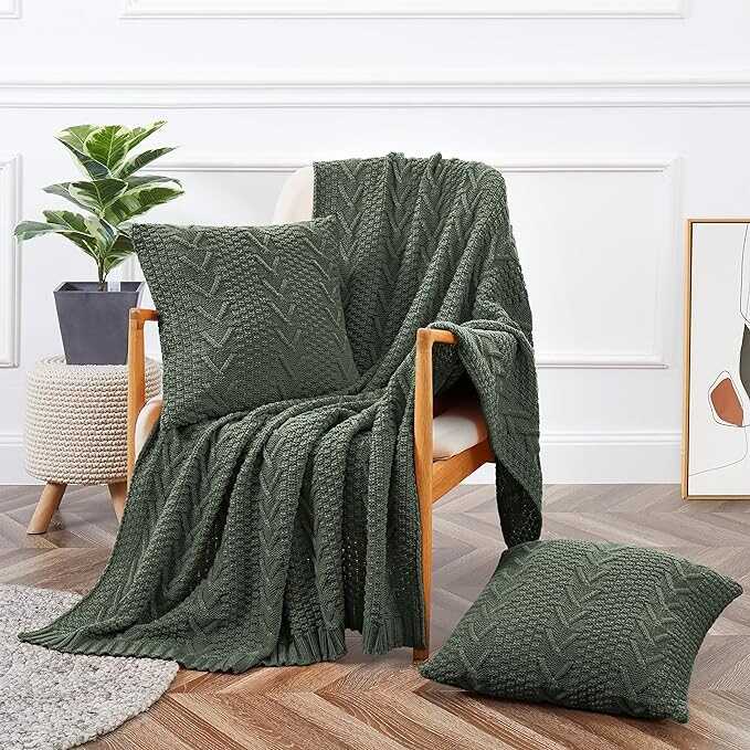 Aormenzy Knitted Throw Blanket (50" x 60") and 2 Pillow Covers (18" x 18"), 3 Piece Grayish Green Throw Blanket Set, Decorative Throw Blankets for Couch Sofa Bed Living Room