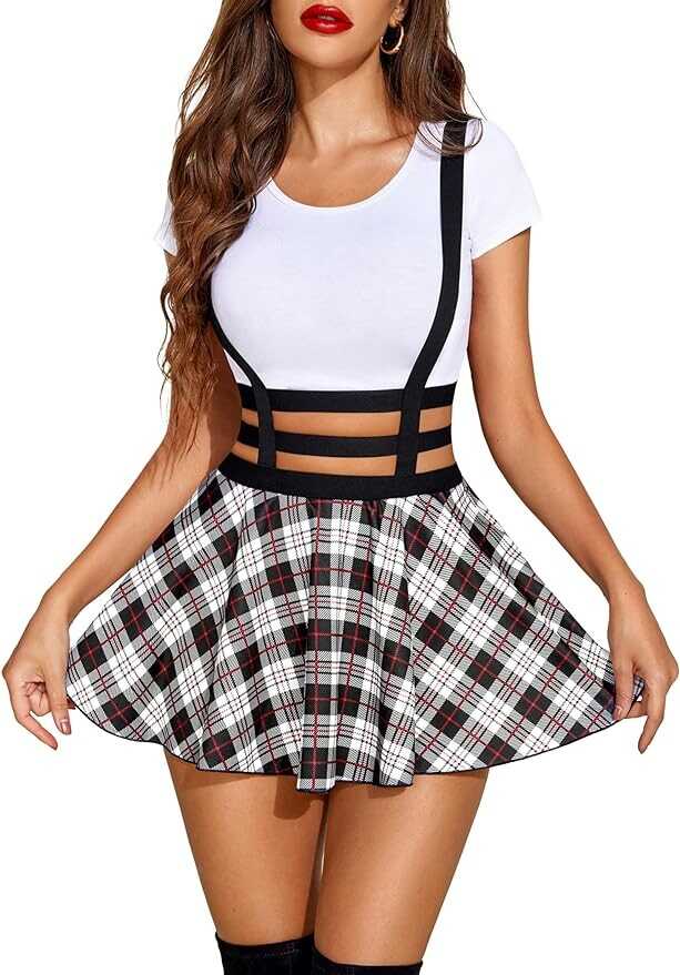 Avidlove Women Sexy Skirt A-Line Suspender Skirt Pleated Short Braces Skirt