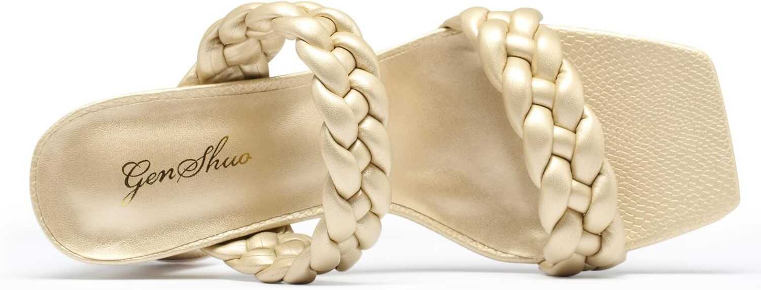 GENSHUO Women Squere Open Toe Heels Braided Two Strap Low Block Chunky Heeled Sandals