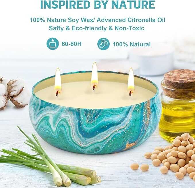 Ofun Citronella Candles Outdoor Decorative 36oz, 3 Wick Soy Wax Lemongrass Candle Set, Scented Candle Jar Candle Bulk Up to 240hrs, Summer Camping Candles for Patio, Garden, Balcony, Camping, BBQ