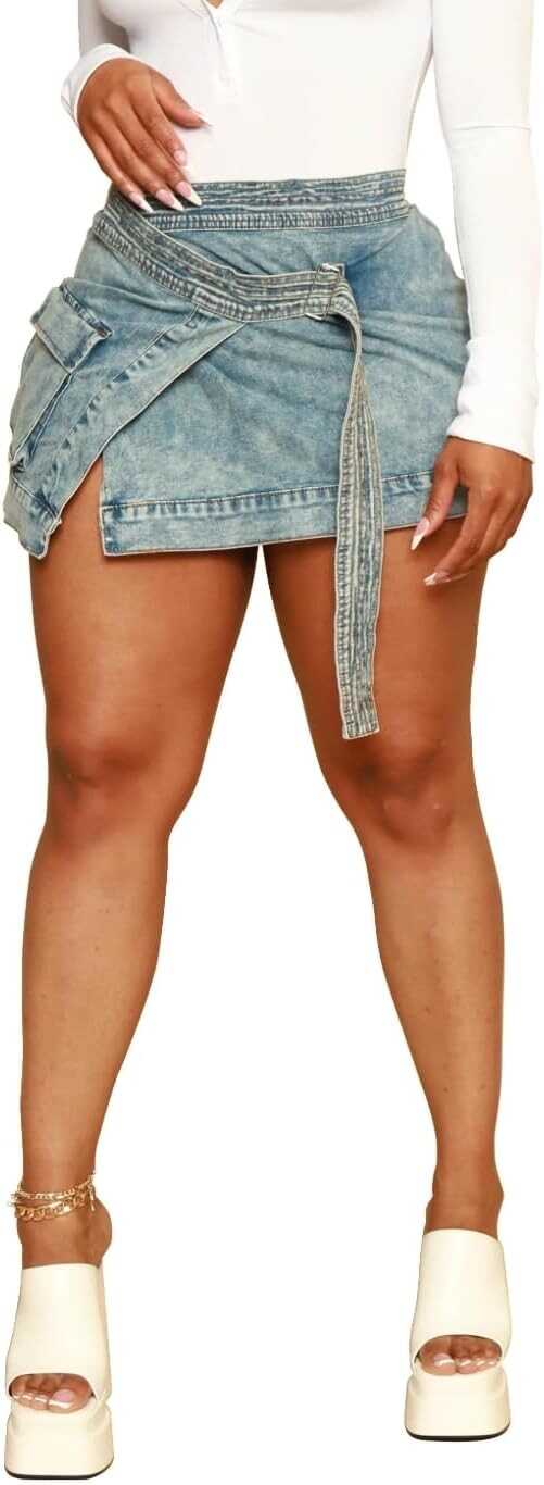 HTD Women's Mini Denim Skirts Sexy Short Jean Skirt Irregular with Pockets