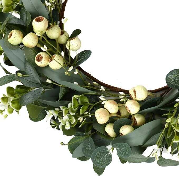 JINGHONG Artificial Spring Wreath 20 Inch Summer Wreaths for Front Door Green Eucalyptus Wreath with Big Berries for Outside All Seasons Indoor Outdoor Decor
