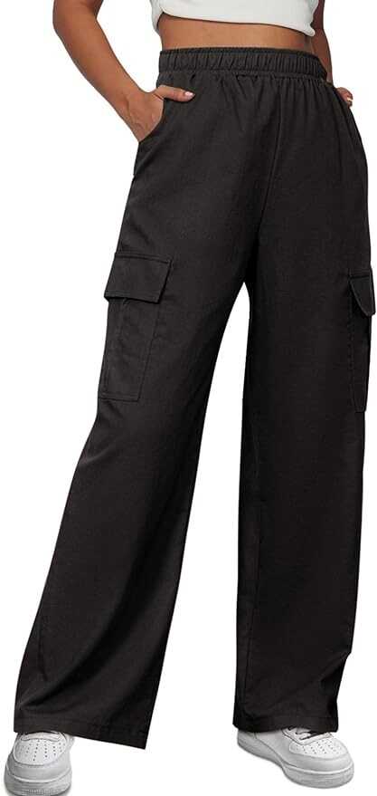 Simplee Women's Casual Cargo Pants High Waisted Wide Leg Summer Linen Pants Baggy Trousers Pants 6 Pockets