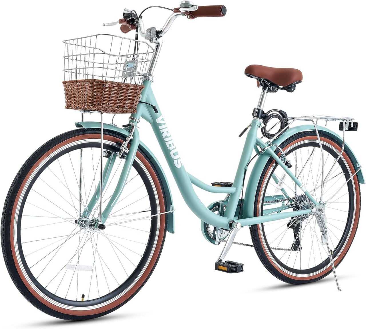 Viribus Womens Bike, 7 Speed Bike for Adults Women 24 26 inch with Ratten Basket & Rack, Beach Cruiser Bike for Women, Womens Bicycle for Commuting, Step Through City Bikes for Women Adults Ladies
