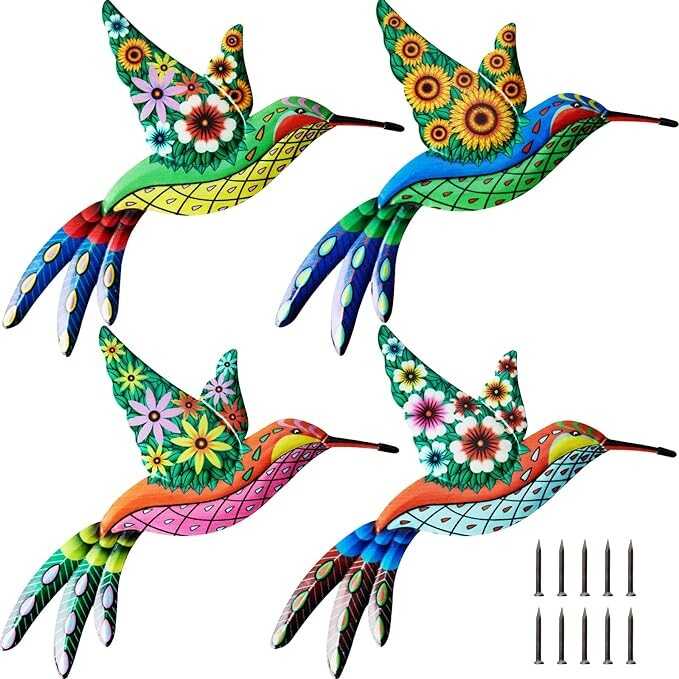 4 Pack Metal Hummingbird Wall Art Decor Iron 4D Hummingbird Outdoor Wall Sculpture Outdoor Garden Fence Hanging Decor Colorful Bird Wall Art Decorations with nails for Patio Living Room Bedroom