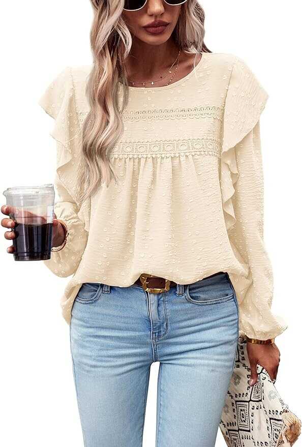 Pretty Garden Womens 2023 Fall Swiss Dot Crochet Loose Fit Tunic Top