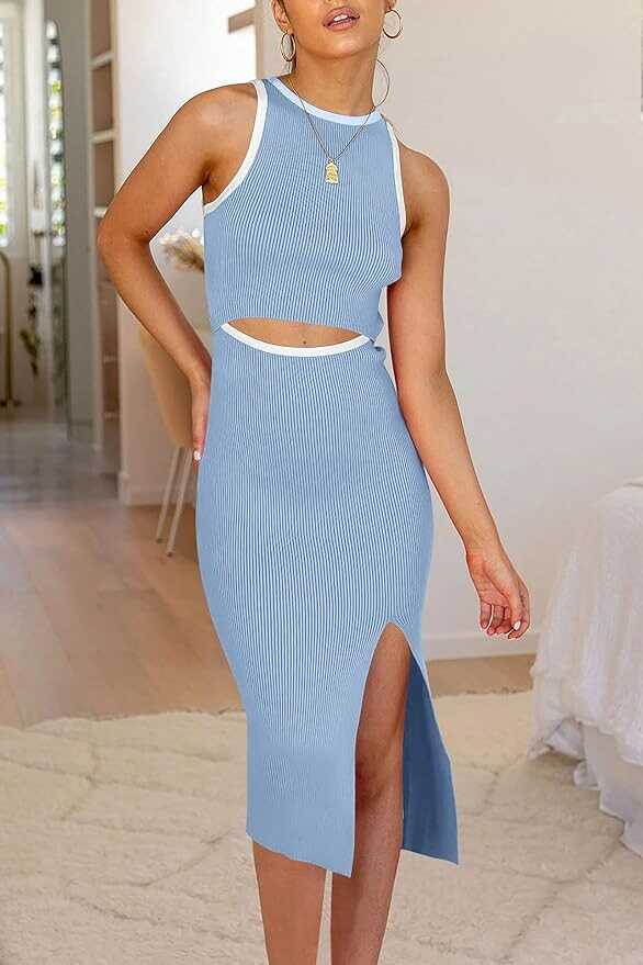 Pretty Garden Womens Summer Crew Neck Side Slit Sleeveless Knit Cut Out Tank Top