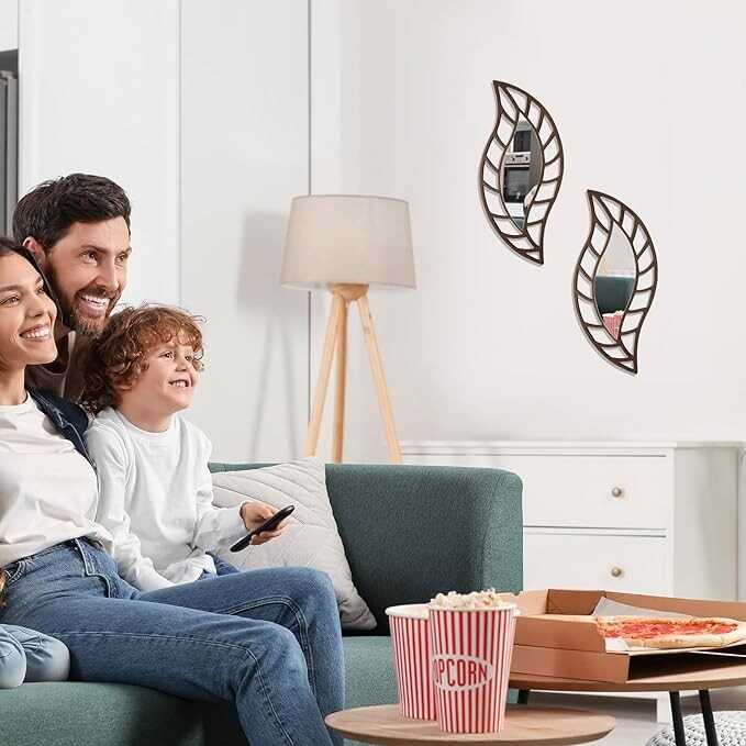 Roowest 2 Pcs Decorative Mirror Wall Decor Leaf Teardrop Mirror Wall Art Mirror Wall Mounted Decorations for Living Room Bedroom Bathroom Vanity Entryway Office(Brown)