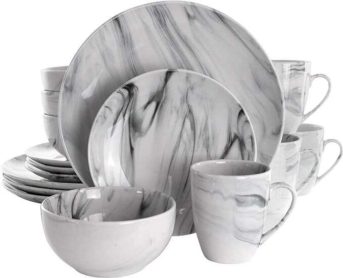 Elama Fine Round Gloss Dinnerware Dish Set, 16 Piece, Black and White Marble