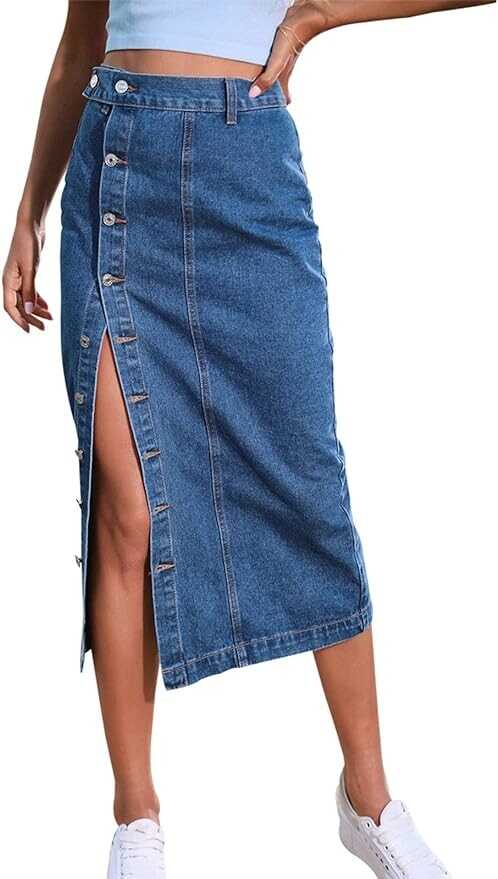 Womens Casual Slit Denim Midi Jean Skirt Stretch High Waist Frayed Button Up with Pockets