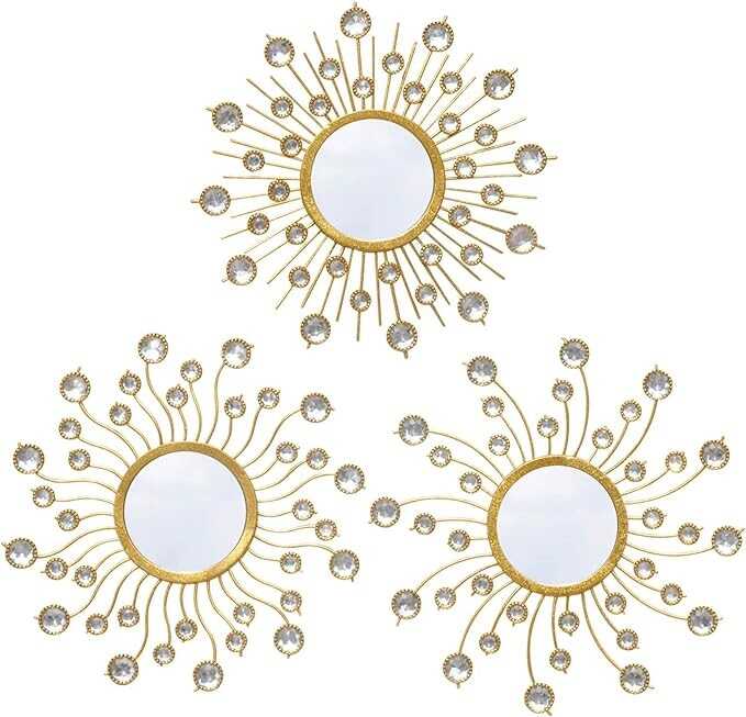 wotieuns Mirror Wall Decor Wall Mirrors Decorative Sunburst Boho Mirror Gold Mirror Wall Art Metal Decor Mirror Hanging Living Room Bedroom Bathroom Set of 3