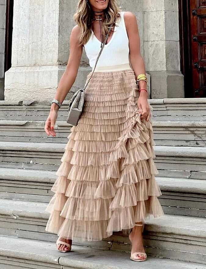 SUNYUESTAR Long Tulle Skirt for Women Trendy High Waisted A Line Fluffy Fairy Mesh Layered Ruffle Skirt