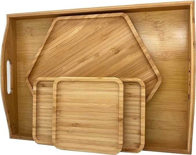 PAFREWOG Bamboo Serving Trays 16.5"x11.8"（42x30cm with Handle, Set Includes 1xHexagon 12.5"(32cm)+1xRectangle 9.8"(25cm)*5.9"(15cm)+1xSquare 5.9"(15cm) Dinner Plates Cheese Cutting Board