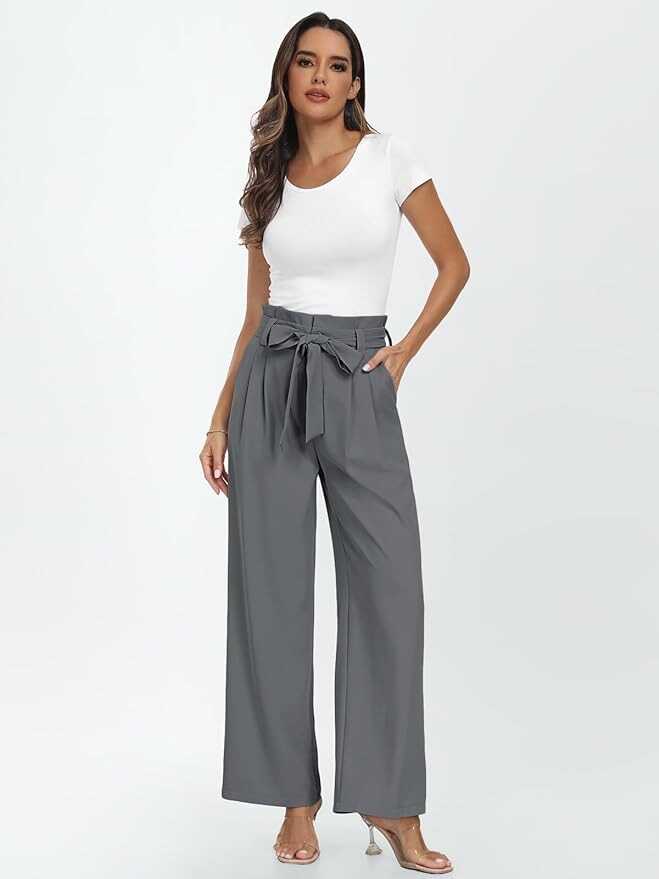 LILLUSORY Wide Leg Dress Pants Women's Paperbag High Waisted Business Casual Trousers with Removable Belt