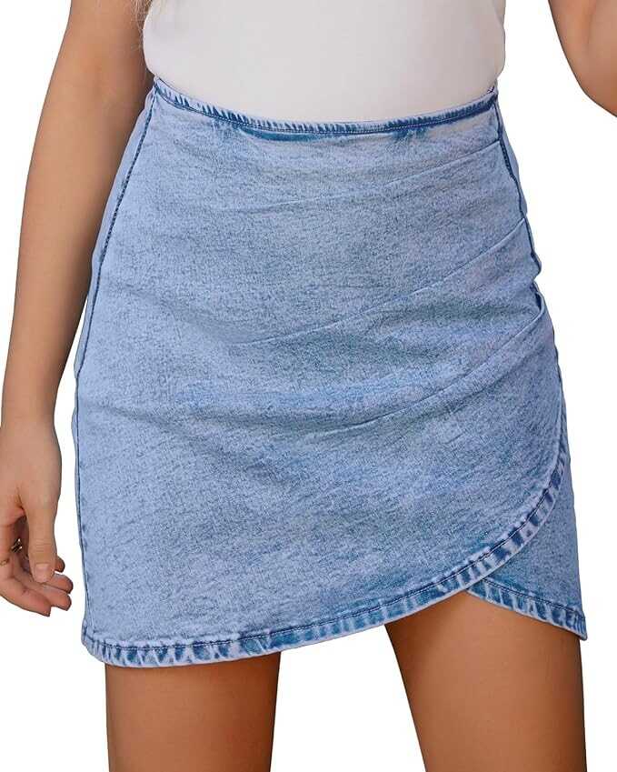 Vetinee Women's Tulip Hem Shirred Washed Casual Bodycon Short Jean Denim Skirt