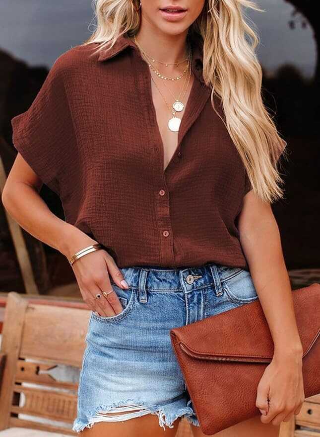 Dokotoo Casual V Neck Button Down Shirts for Women Solid Short Sleeve Blouse Tops