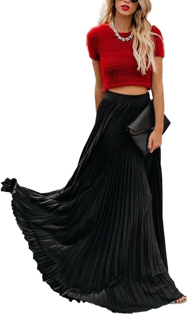 Leyoutx Women's High Elastic Waist Pleated Flowy Swing A-line Maxi Skirts