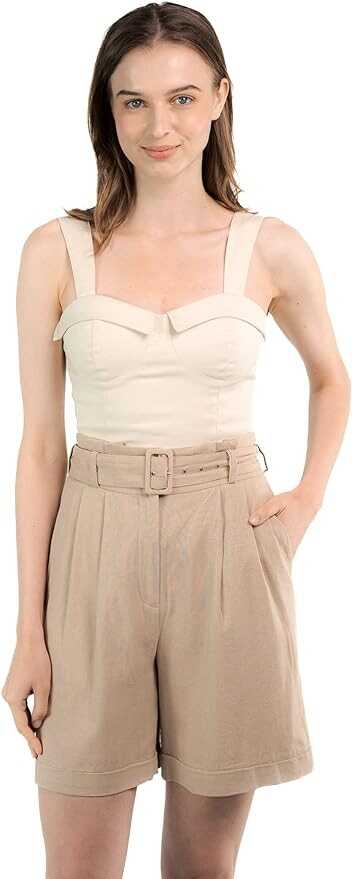 SANDY & SID Womens Shorts 6 Inch Inseam Linen High Rise Adjustable Belt Wide Leg Pockets Summer Casual Work Office