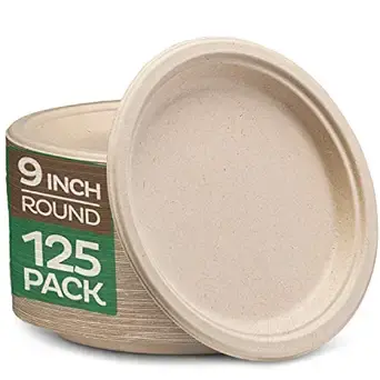 100% Compostable Paper Plates, Heavy Duty Disposable Plates [125-Pack] 9 Inch Plates - Eco-Friendly, Biodegradable Sugarcane Bagasse, Natural Unbleached Brown 9" Dinner Paper Plate Disposable