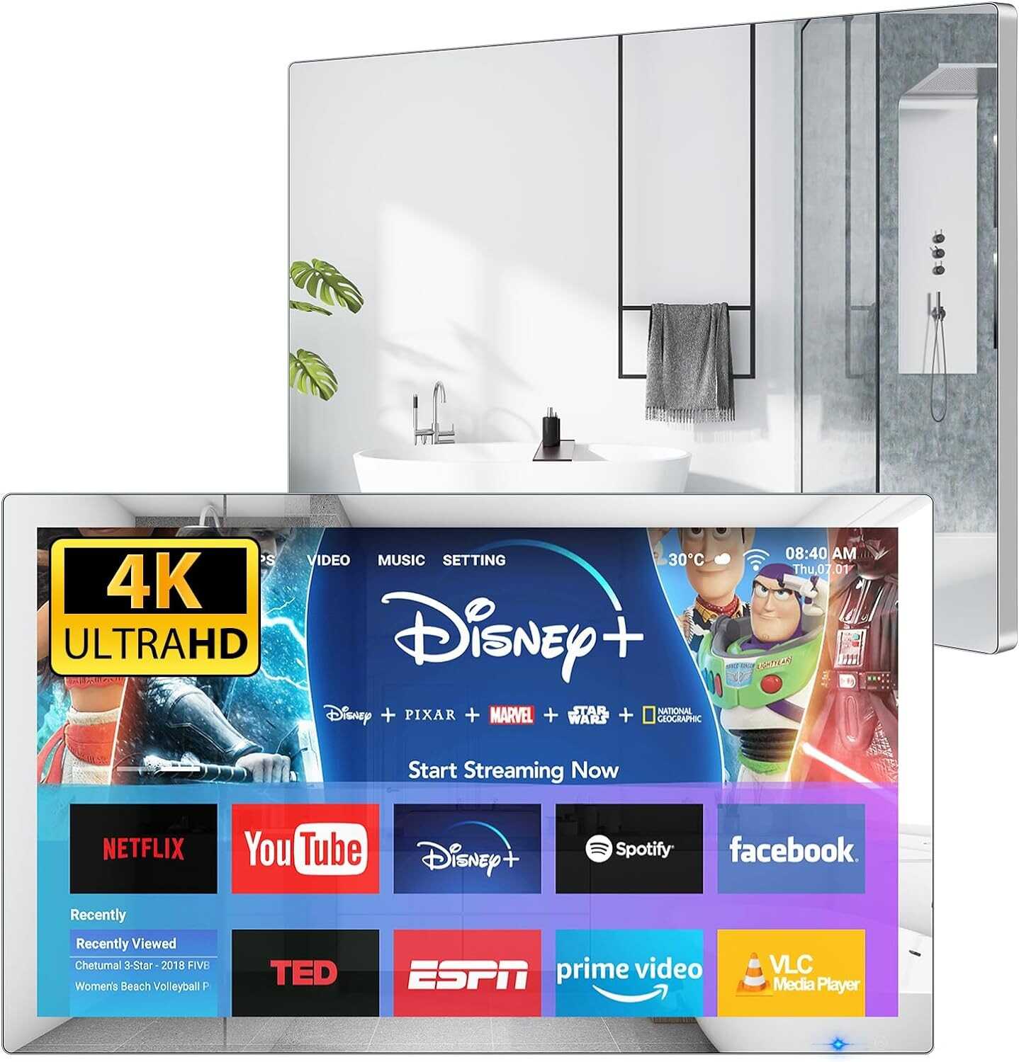 Haocrown 32 Inch Smart Bathroom TV 4K Ultra HD Android TV IP66 Waterproof Smart Mirror TV Google Assistant Built-in with Voice Remote,ATSC Tuner, Suitable for Bathroom Sauna(Silver Frame)