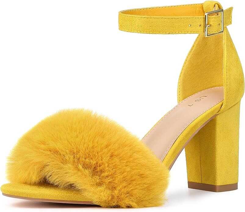 Allegra K Women's Faux Fur Ankle Strap Block Heels Sandals