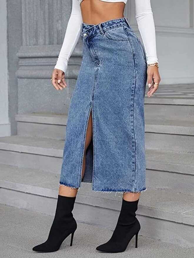 ELSTAROA Women's Casual High Waisted Solid Button Up Denim Jean Skirt