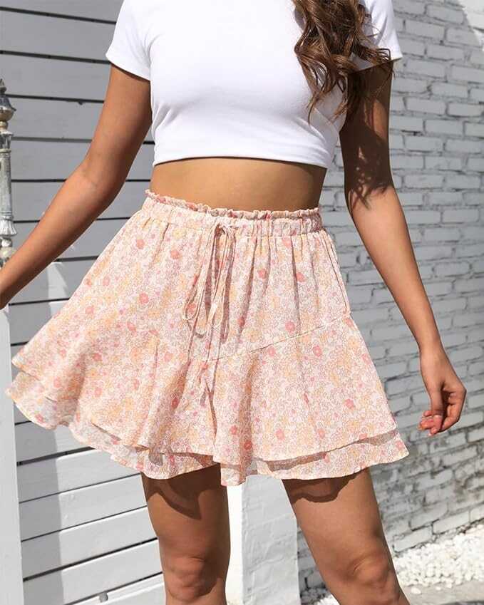 Aoudery Flowy Shorts for Women Casual Boho Floral Skorts Ruffle Mini Skirts Running Tennis Butterfly Shorts Chiffon Shorts
