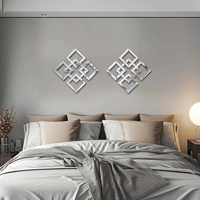Walasis Decorative Mirrors for Wall Decor Modern - Geometric Wall Mirror 12inch Silver Square Glass Art with Beveled Fashion Mirrored Accent for Living Room Bedroom Bathroom Entryway 4 Pcs