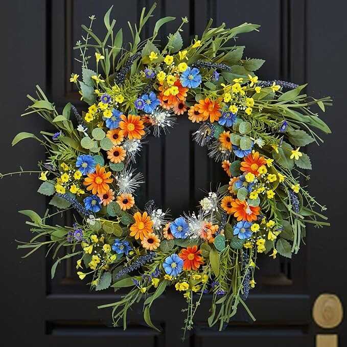 Spring Wreaths for Front Door Outside, Summer Green Wreath, Daisy and Lavender, Farmhouse Easter Decorations Home Decor for Window Outdoor Indoors (Orange) Visit the Soomeir Store