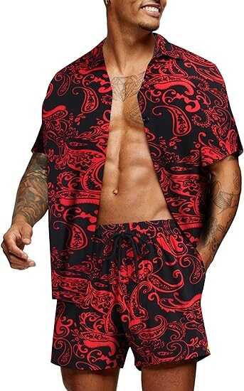 COOFANDY Men's Hawaiian 2-Piece Short Set Cruise Wear Short Sleeve Button Down Shirts and Shorts
