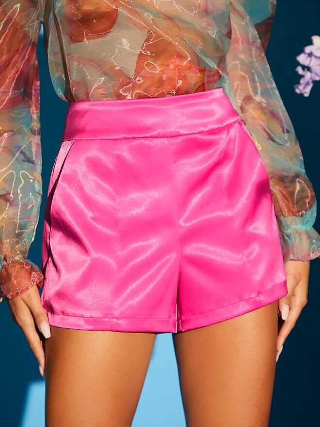 Verdusa Women's High Waisted Zipper Back Solid Satin Shorts with Pocket