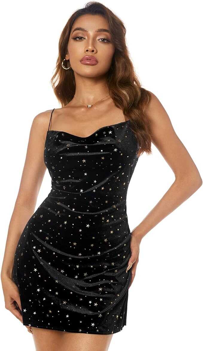 ZAFUL Women's Sexy Stars Cami Mini Dress Spaghetti Straps Side Slit Dress for Party Club