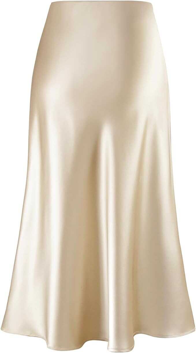 Women's Satin High Waist Hidden Elasticized Waistband Flared Casual A Line Midi Skirt