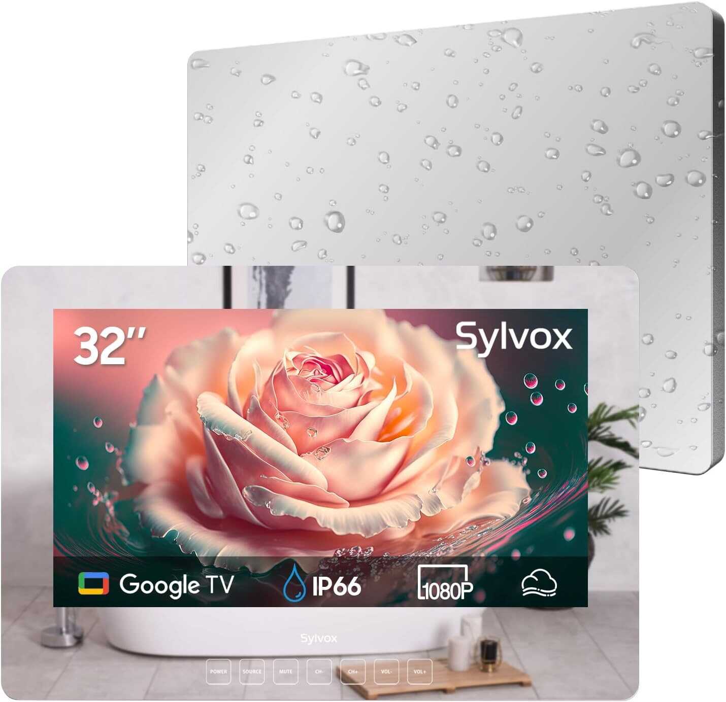 SYLVOX 32'' Smart Waterproof TV, Magic Mirror TV for Bathroom, 1080P, Bass Boost, IP66, Anti-Fog, Built-in APP Store, and Voice Assistant (On Wall Model)