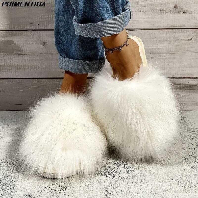 Fur Slides Women Summer Furry Slippers Fluffy Home Shoes Ladies Luxury Fur Flops